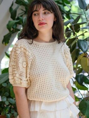 Cream Crochet Puff-Sleeve Knit Top by